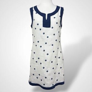 Luisa Linen Sleeveless Dress Women Size M White Blue Embroidered Dot Short Italy